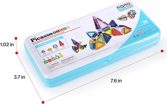 PicassoTiles Nano Tiles Magnetic Building Construction Set with Tin Storage Case Compact Colorful Mini Travel Magnet Tile Playset STEM Educational Learning Classroom Toy Blocks Kids Ages 3+ PN11