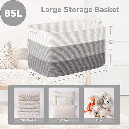 Goodpick 85L Large Woven Basket 23.6" x 15.7" x 13.8" Cotton Rope Storage Baskets for Organizing, Decorative Blanket Basket for Living Room Bedroom, Toy Baskets Storage Kids, Gray