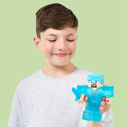 Heroes of Goo Jit Zu Minecraft Stretchy Characters, Steve with Diamond Armor & Sword, Super Squishy Goo Filling with Hidden Diamond Piece Inside, Stretch Him Up to 3 Times His Size - Sensory Toys