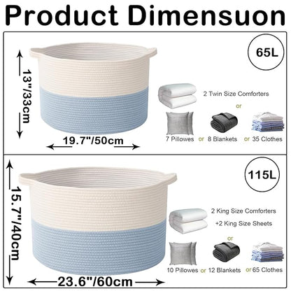 115L Extra Large Woven Cotton Rope Blanket Basket with Handles, Laundry Hamper Storage Bin for Pillows, Comforters,Clothes, Toys, Nursery, Bedroom and Living Room Organization,White&Blue
