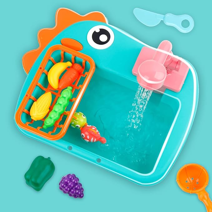 Ruibytree Play Kitchen Sink Toy, Water Toys for Kids with Electronic Dishwasher, Pretend Play Utensils Accessories and Play Cutting Food for Boys and Girls (Dinosaur)