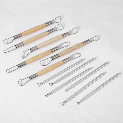 14 Pcs Pottery Trimming Tools Set, Clay Carving Tools with Aluminum Wood Stainless Steel for Carving Modeling Sculpting