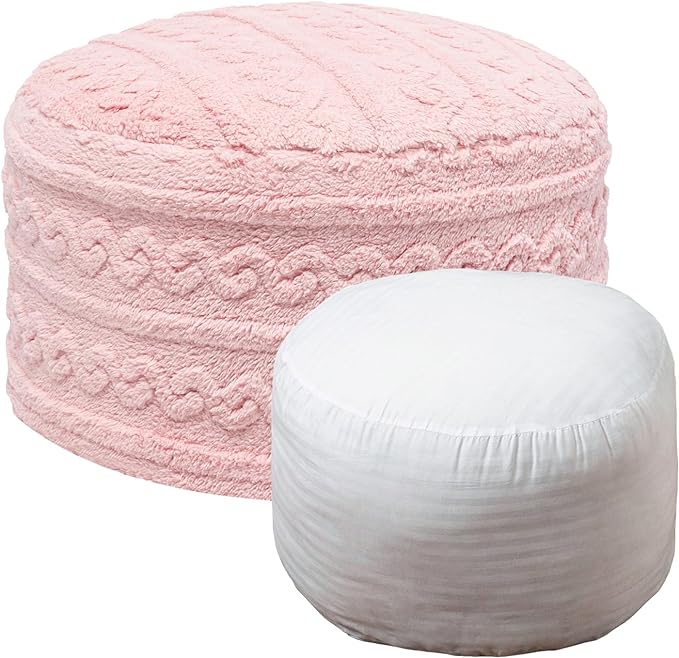 Pouf Ottoman Stuffed 20x20x12 Inches Floor Pouf Plush Fiber Ottoman Foot Rest Under Desk Foot Stool for Living Room Bedroom (Pink Pouf with Filler)
