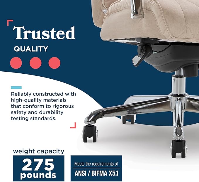 La-Z-Boy Sutherland Quilted Leather Executive Office Chair with Padded Arms, High Back Ergonomic Desk Chair with Lumbar Support, Cream Microfiber Fabric