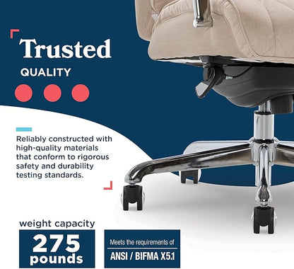 La-Z-Boy Sutherland Quilted Leather Executive Office Chair with Padded Arms, High Back Ergonomic Desk Chair with Lumbar Support, Cream Microfiber Fabric