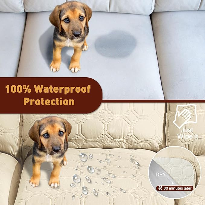 XINEAGE 100% Waterproof Recliner Chair Cover, Non Slip Covers for Recliner Chair with Pocket, Washable Dog Recliner Couch Cover with Elastic Straps (Beige, 30")