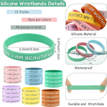 Sratte 48 Pcs Inspirational Silicone Wristbands Rubber Stretch Unisex Bracelets Student Gift Stocking Suffers for Class(Fresh Color)