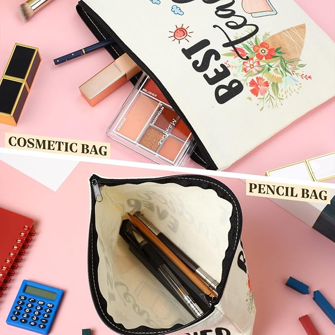 8 Pcs Teacher Appreciation Gift Set for Women, 4 Teacher Makeup Pouch Cosmetic Bags and 4 Bangle Bracelets, Christmas Valentines Thank You Gifts for Teacher (Best Teacher Ever)