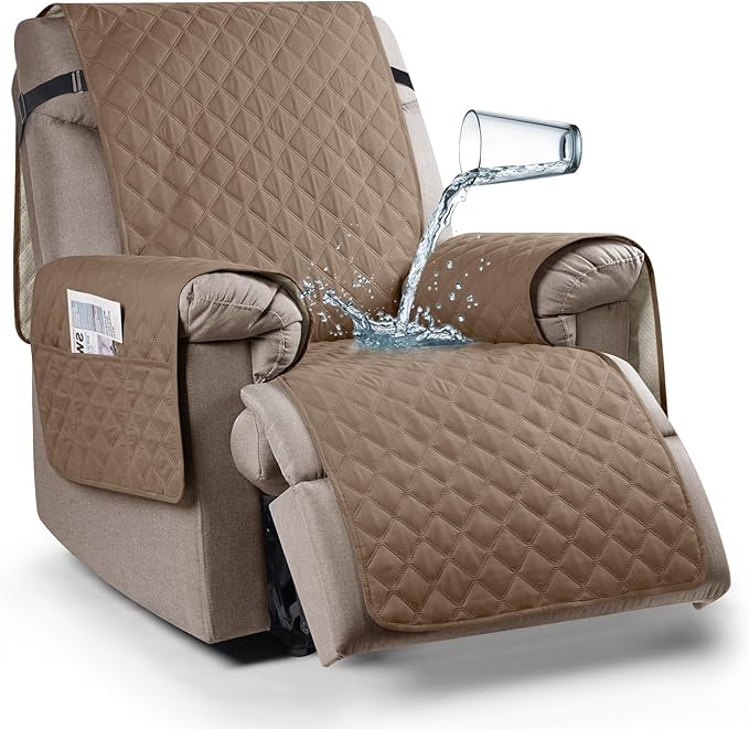 Ruaozz 100% Waterproof Recliner Chair Cover Non-Slip Reclining Cover for Recliner Chair Washable Chair Seat Cover with Elastic Straps for Kids, Dogs, Pets (Light Brown, 23'')