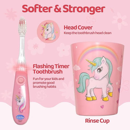 Lily's Home Kids Flashing Timer Toothbrush kids with Soft Bristles, Rising Cup & Cover - Fun 2-Min Light-Up Brushing for Children - Toddler Toothbrush Soft Toothbrush Kit (shark and Unicorn)- set of 2