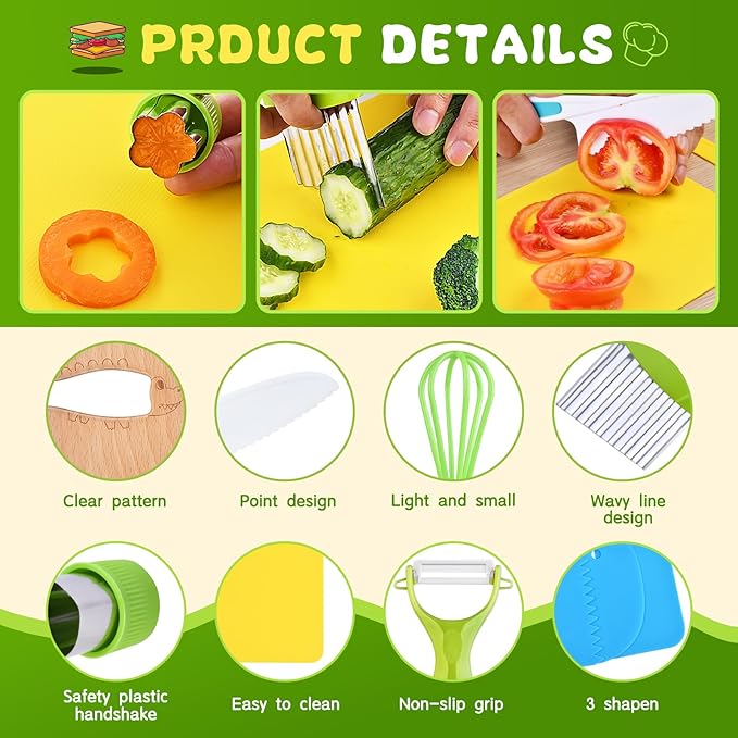 Montessori Kitchen Tools,17Pcs Toddler Knife Set Kids Knife Set for Real Cooking-Kids Kitchen Tools Set Include Toddler Knives Cutting Boards Sandwich Cutters Peeler for Toddler Birthday Gift