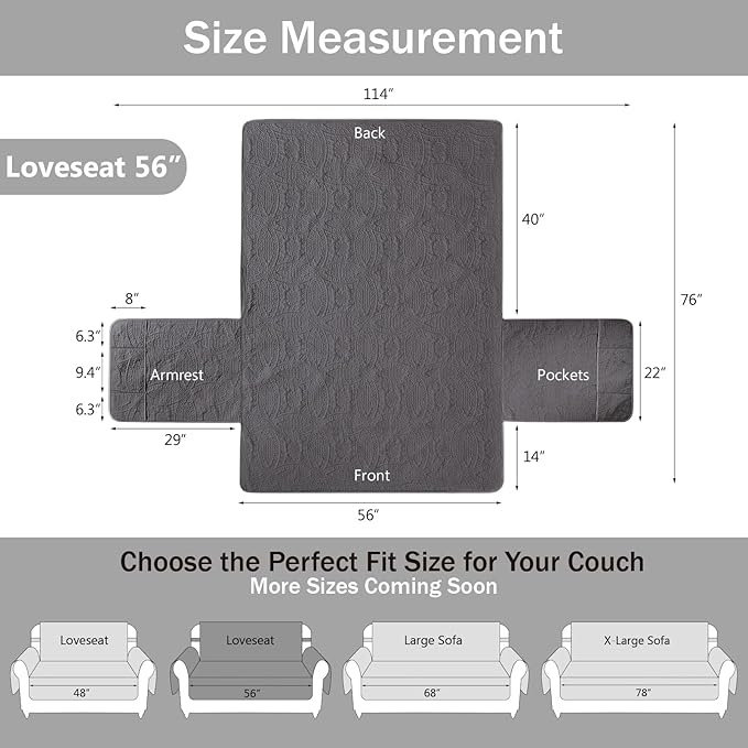 Soft Gray Loveseat Covers for 2 Cushion Couch, Water-Repellent Slip Covers for Loveseat, Machine Washable Love Seat Quilted Couch Covers, Pet Friendly Loveseat Slipcovers (Loveseat 56", Gray)