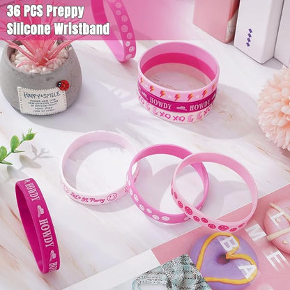 Whaline 36Pcs Preppy Silicone Bracelets Pink Gradient Smile Face Lightning Wristbands Let's Go Party Rubber Bracelets for Birthday Party Favor Supplies, 6 Designs