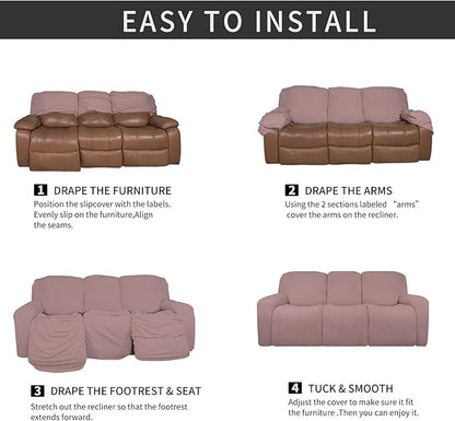 Easy-Going 8 Pieces Microfiber Stretch Sectional Recliner Sofa Slipcover Soft Fitted Fleece 3 Seats Couch Cover Washable Furniture Protector with Elasticity for Kids Pet(Recliner Sofa, Pink)