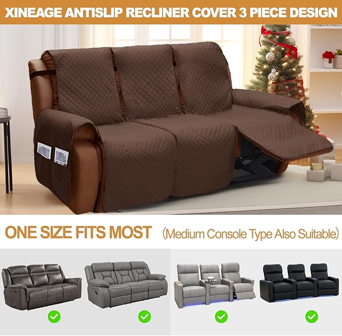 XINEAGE Water Resistant Recliner Cover, 3 seat Recliner Sofa Covers with Pockets, Quilted Thick Recliner Protector Cover for Dog Pets with Non Slip Backing and Strap (Recliner Sofa, Coffee)