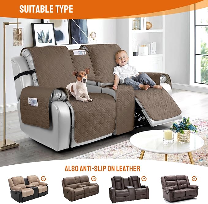 VANSOFY Loveseat Recliner Cover with Console 100% Waterproof Sofa Slipcovers Non-Slip Reclining Couch Cover Split Sofa Covers Furniture Protector for Pets, Dogs(Brown)