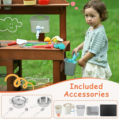Mud Kitchen for Kids Outdoor, Kids Play Kitchen with Accessories Wooden Play Kitchen Set with Sink, Faucet, Plants Observation Room, Toddler Outdoor Mud Kitchen for Backyard Garden