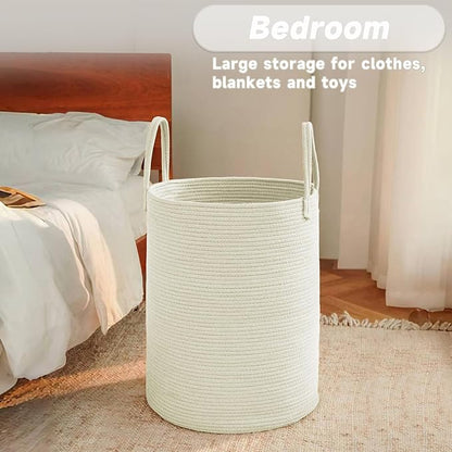 JMvicyroam Large Woven Laundry Basket Hamper,60L Cotton Rope Storage Bin for Blankets,Toys and Clothes,Decorative Tall Nursery Hamper for Living Room,Baby Nursery,Bathroom and Bedroom,White