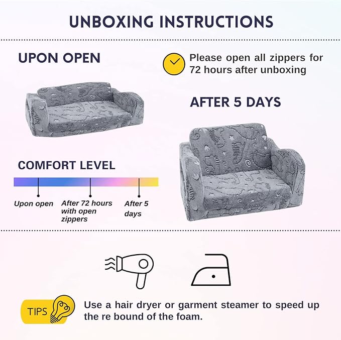 MeMoreCool Kids Dinosaur Couch, Foldable Toddler Chair, Glow in The Dark Convertible Sofa Bed, Fold Out Lounge for Boys Ages 1-3 in Playroom, Comfy Recliner Lounger (Grey)