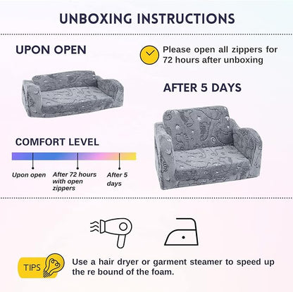 MeMoreCool Kids Dinosaur Couch, Foldable Toddler Chair, Glow in The Dark Convertible Sofa Bed, Fold Out Lounge for Boys Ages 1-3 in Playroom, Comfy Recliner Lounger (Grey)