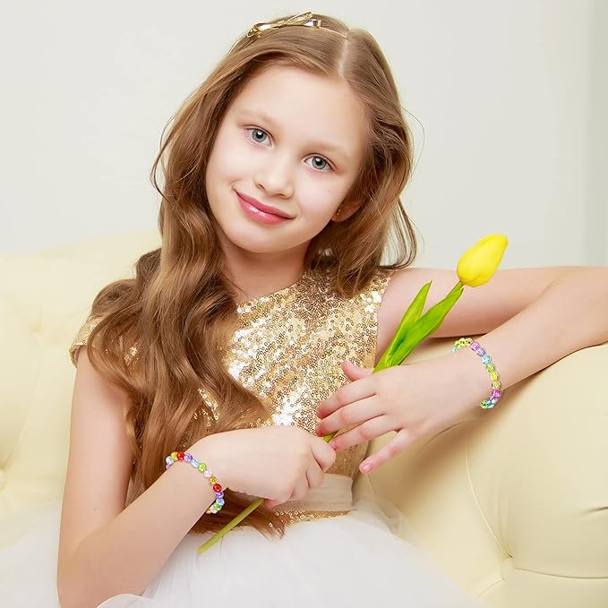 Junkin 16 Pieces Kids Bracelet for Girls Princess Bracelet Cute Rainbow Bead Bracelets Little Girls Jewelry for Birthday Party Favors Valentine's Day Exchange Gifts