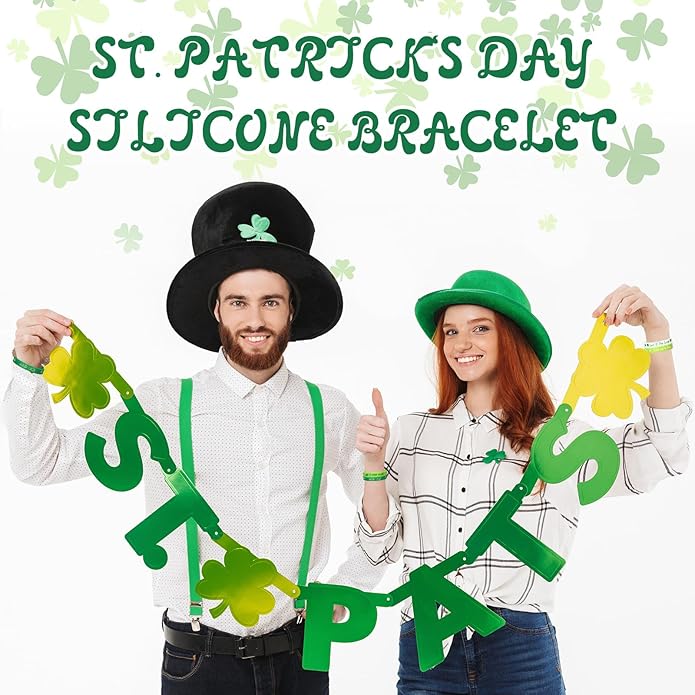 Quelay St. Patrick's Day Rubber Bracelets Irish Silicone Wristbands for St. Patrick's Day White Green Shamrock Rubber Bracelet Bangle for Party Accessories Favors Gifts Supplies