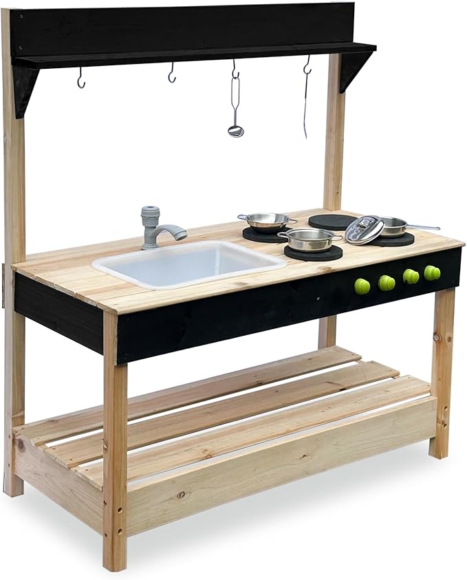 Mud Kitchen Playset for, Outdoor Wooden Toy Play Kitchen Set for Boys and Girls, Kitchen Accessories and Garden Sink with Faucet, Blackboard, Cookware Pot (Black1)