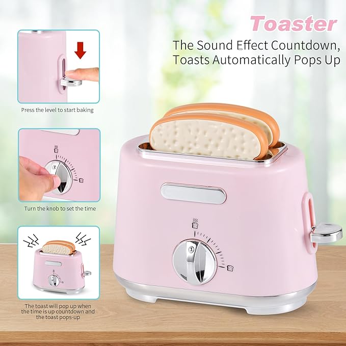 Kitchen Appliances Toys, Play Kitchen Accessories, Toy Kitchen Appliances for Kids, Pretend Kitchen Toys with Coffee Maker, Mixer and Toaster, Toy Kitchen Set Birthday Gift for Kids Ages 3+ (Pink)