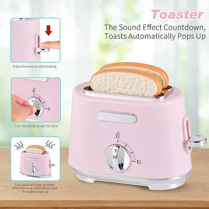 Kitchen Appliances Toys, Play Kitchen Accessories, Toy Kitchen Appliances for Kids, Pretend Kitchen Toys with Coffee Maker, Mixer and Toaster, Toy Kitchen Set Birthday Gift for Kids Ages 3+ (Pink)