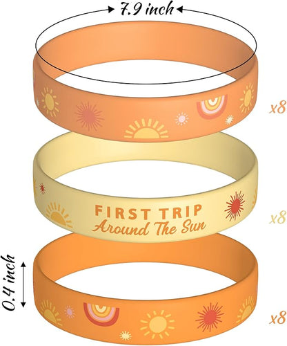 24Pcs Boho Sun First Trip Around the Sun Silicone Bracelets Stretch Rubber Wristbands Hippie Groovy Boho Rainbow Theme First Birthday Party Favors Supplies Baby Shower Gifts