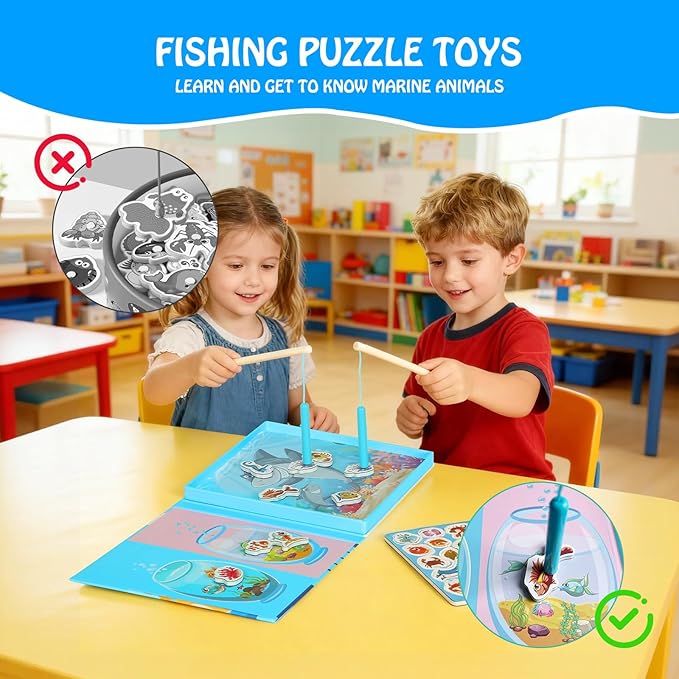 Magnetic Fishing Game for Toddlers Ages 3-8 – Montessori Wooden Educational Toy with 28 Fish – Preschool Learning Toy for Fine Motor Skills, Travel, Airplane & Road Trips
