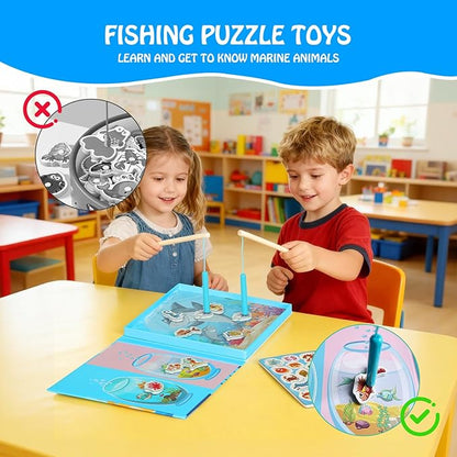 Magnetic Fishing Game for Toddlers Ages 3-8 – Montessori Wooden Educational Toy with 28 Fish – Preschool Learning Toy for Fine Motor Skills, Travel, Airplane & Road Trips