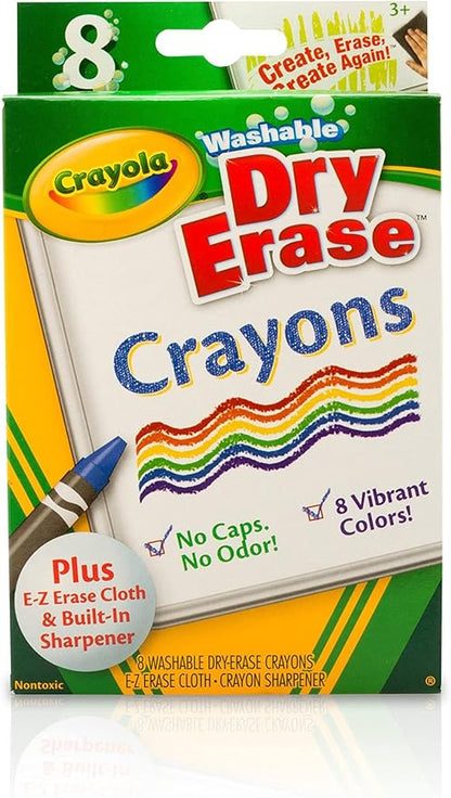 Crayola Washable Dry Erase Crayons (8ct), Includes Eraser Mitt & Sharpener, Classroom Supplies for Teachers