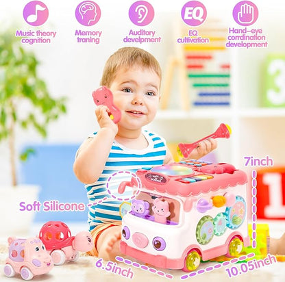 AmiDear Baby Gift for 1-2 Year Old Girl, 10-in-1 Montessori Toys Bus for Baby 6-12-18 Months+, Educational Musical Sensory Learning Toddler Toys Age 1-2, First Christmas and Birthday Gifts Pink