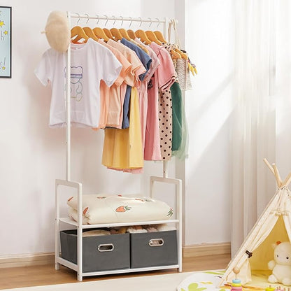 Kids Clothing Rack Bamboo with 2 Storage Baskets and 2 Adjustable Hanging Rods,Child Garment Holder with Shelf, Dress up Stand for Playroom,Toddlers Bedroom (White)