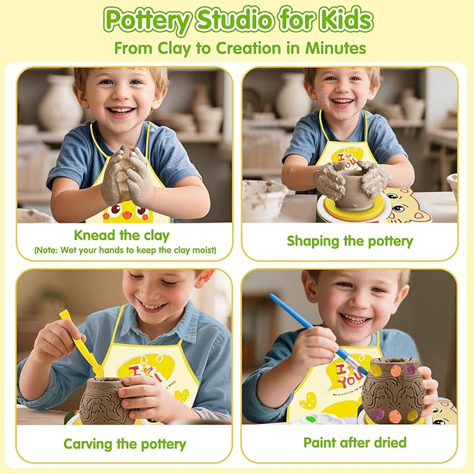 Mikiomie Electric Pottery Wheel for Beginners with Foot Pedal, 3 Clay Packs(1.7lbs Total), Apron, Painting & Carving Tools, Arts and Crafts Toys Art Supplies, Gifts for Birthday Christmas
