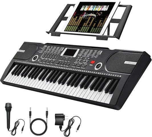 61 Key Keyboard Piano, Portable Electronic Keyboard Piano for Beginners with Speakers, Microphone, Sheet Music Stand, 100 Voices, 100 Rhythms, Digital Music Keyboard Built-In Speakers - Black