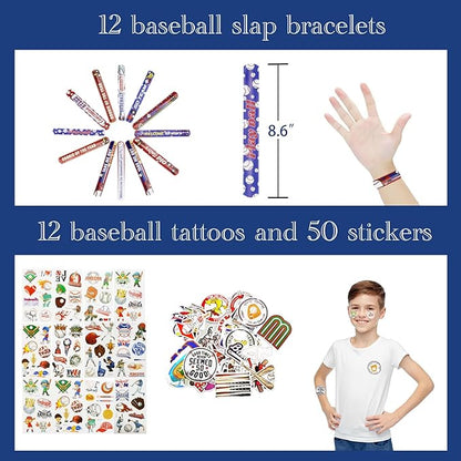 122 PCS Baseball Party Favors, Baseball Party Gifts with Mini Baseballs, Baseball Slap Bracelets, Key Chains, Whistles, Tattoos and Stickers, Baseball Birthday Decorations