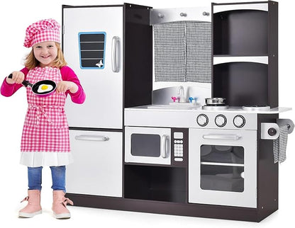 HOMGX Multi-Function Children's Kitchen Toy Set, Wooden Chef Pretend Toy Set w/Microwave, Stove, Sink, Faucet, Storage Cabinet & Shelf,Children's Play Kitchen for Boys & Girls Over 3 Years Old