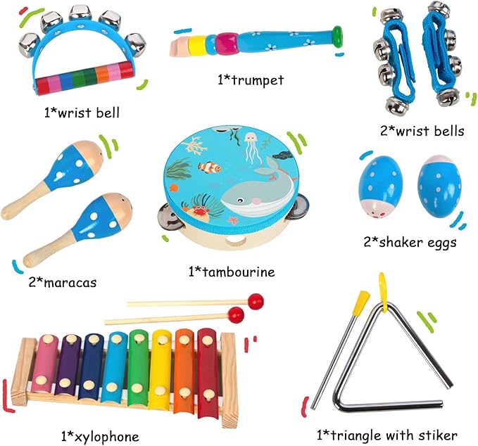 Wooden Musical Instruments Set for Toddlers 1-3, Natural Wood Percussion Instruments Xylophone Gift Set for Girls Boys Kids ,Preschool Educational Musical Toys with Storage Bag