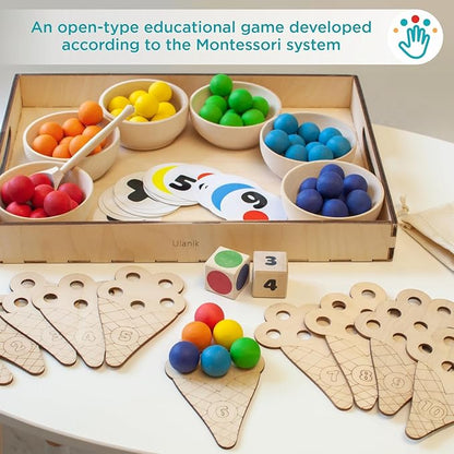 Ulanik Sweet Counting Large Toddler Montessori Toys for 3 Year Old + Kids Wooden Matching Game for Learning Color Sorting and Counting — 60 Balls, 0.98 in