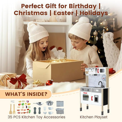 Play Kitchen Wooden Kids Kitchen Playset Pretending Toys for Toddlers with Real Lights & Sounds, 3 Heights Adjustable, Chalkboard, 35Pcs Toy Food & Cookware Accessories-Gray