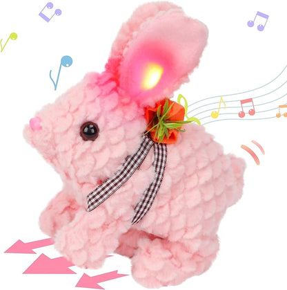 Hopearl Hopping Rabbit with LED Ears Carrot Backpack Interactive Plush Bunny Toy with Sounds Animated Walking Wiggle Light up Ears Twitch Nose Gift for Toddlers, Pink, 7''