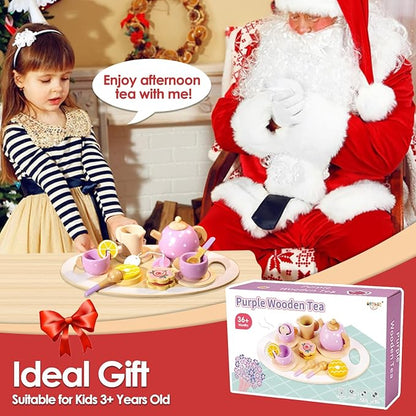 BUYGER Wooden Tea Party Set for Little Girls with Play Food Kitchen Accessories Toy Pretend Play Princess Tea Party Time for Girls Boys Children Toddlers 3 4 5 6 7+ Years Old