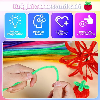 LOKUNN Pipe Cleaners, 200 Pcs Fruit Green Pipe Cleaners Craft Set, Solid Color Chenille Stems, DIY Arts and Crafts with Adhesive Eyes and Storage Box, Christmas Mother's Day Decoration Art Supplies