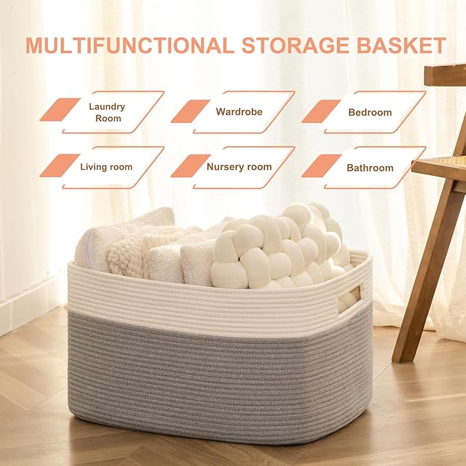 75L Large Cotton Rope Basket, Soft Toy Storage Bin for Nursery & Living Room, Decorative Blanket Basket for Bedroom, Baby-Safe Organizer for Pillows &Laundry, 22''×17''×12'', Grey and White