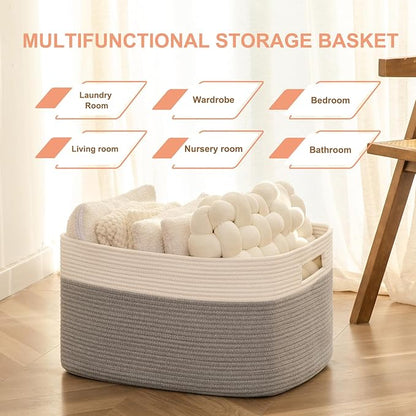 75L Large Cotton Rope Basket, Soft Toy Storage Bin for Nursery & Living Room, Decorative Blanket Basket for Bedroom, Baby-Safe Organizer for Pillows &Laundry, 22''×17''×12'', Grey and White
