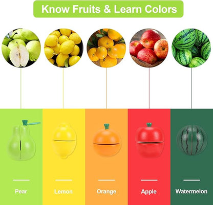 WHOHOLL Wooden Play Food with Wooden Tray & Knife, Pretend Play Cutting Food Toys, Fruits Toy Food Sets for Kids Kitchen, Mini Food Toy, Montessori Toys Learning Resources for 1-5 Year Old Toddlers