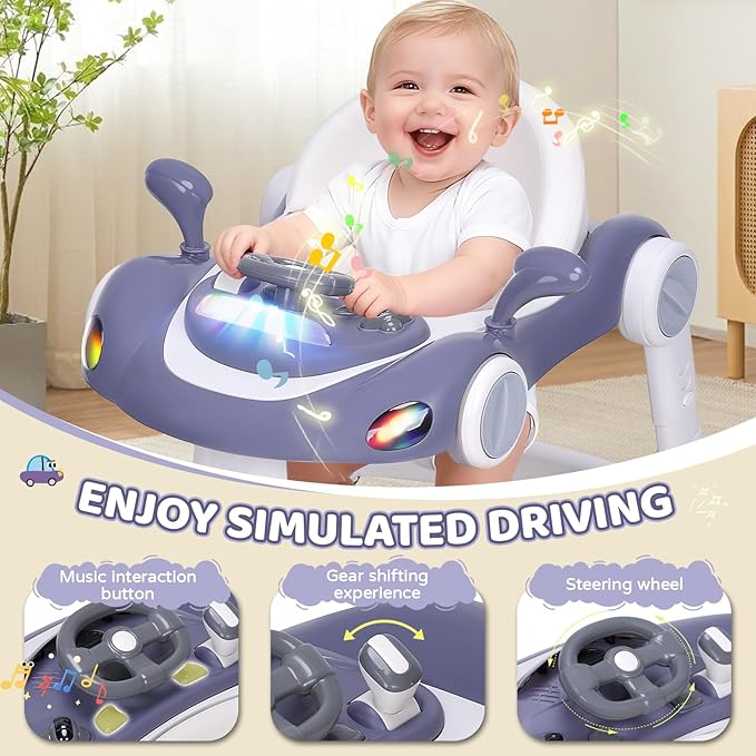 Baby Walker with Wheels, 5-in-1 Foldable Infant Toddler Walker for Boys Girls 6-18 Month, Music Walker for Baby with Car Steering Wheel &Removable Footrest,Baby Push Walker Dark Blue
