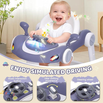 Baby Walker with Wheels, 5-in-1 Foldable Infant Toddler Walker for Boys Girls 6-18 Month, Music Walker for Baby with Car Steering Wheel &Removable Footrest,Baby Push Walker Dark Blue